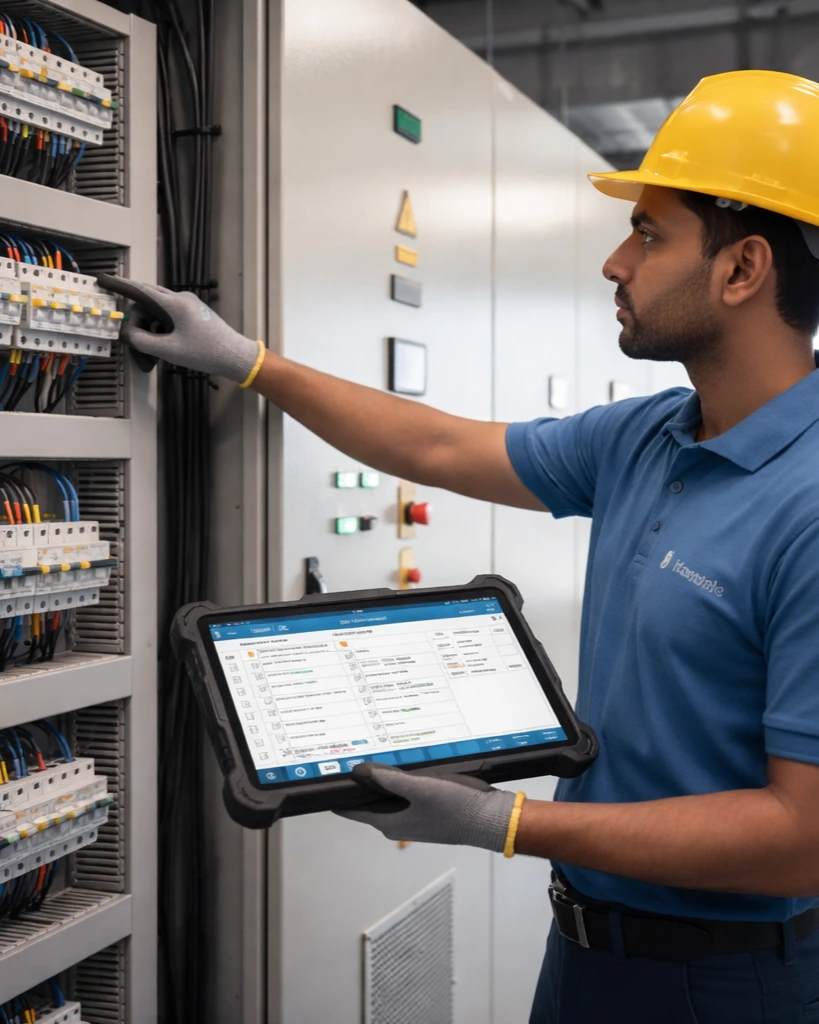 Maintenance technician inspecting electrical panel while checking digital work order on tablet inside commercial building.