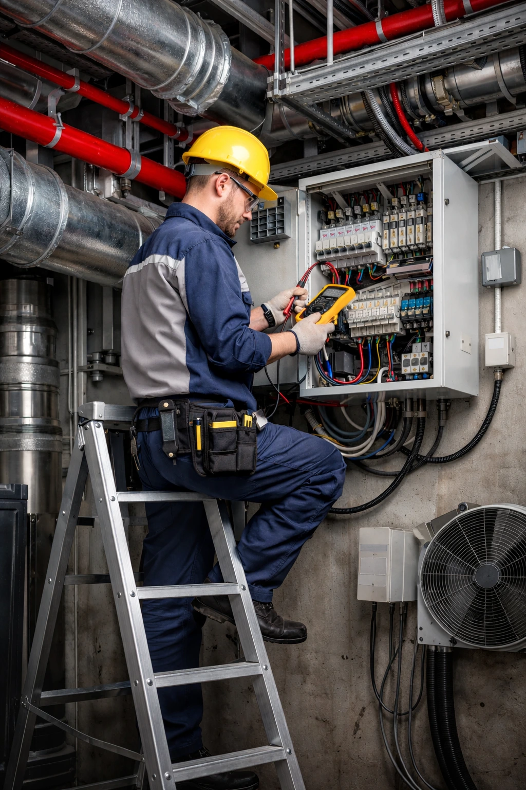 MEP technician inspecting electrical panel and building systems inside a commercial facility