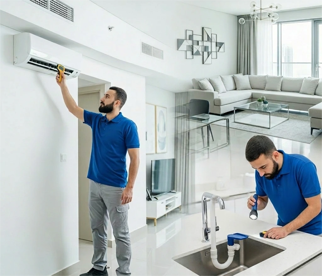 Modern UAE apartment with hidden maintenance issues like leaking pipes and dusty AC vents, highlighting the need for home maintenance in UAE.