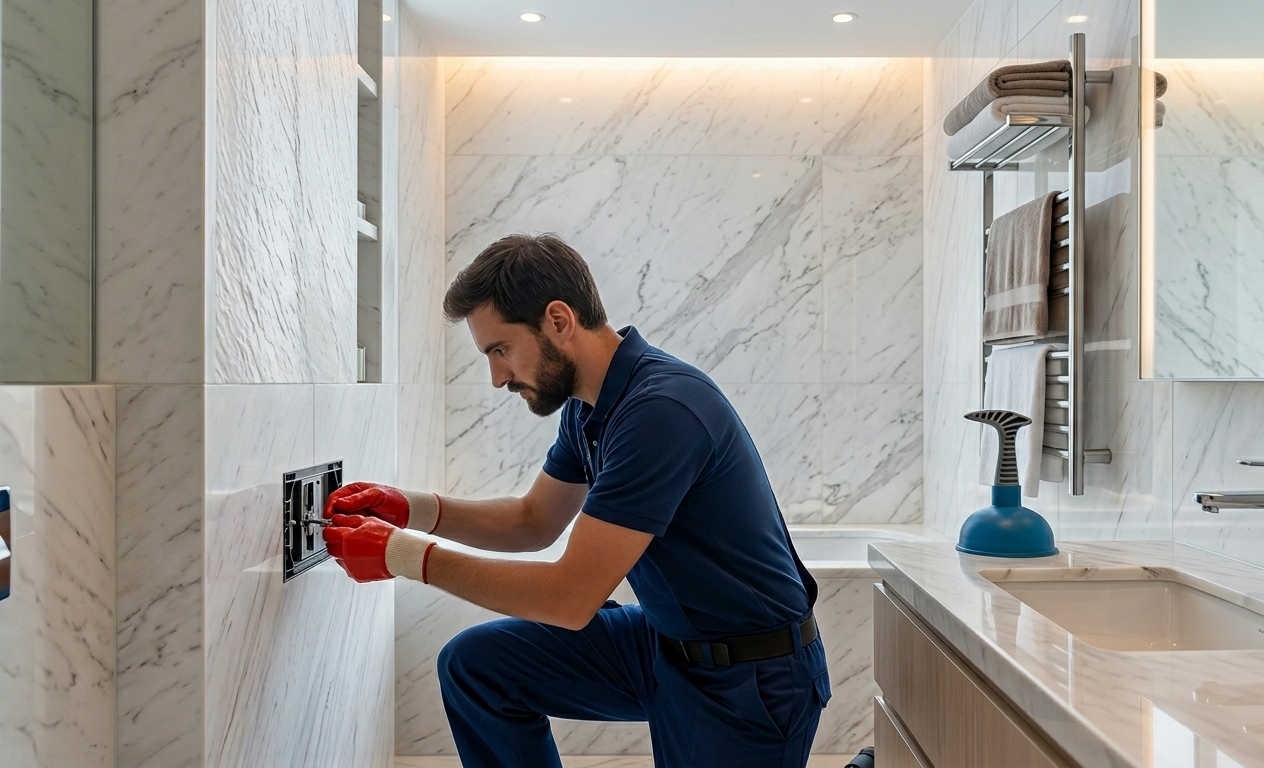Professional Technician Repairing a Bathroom Wall Panel